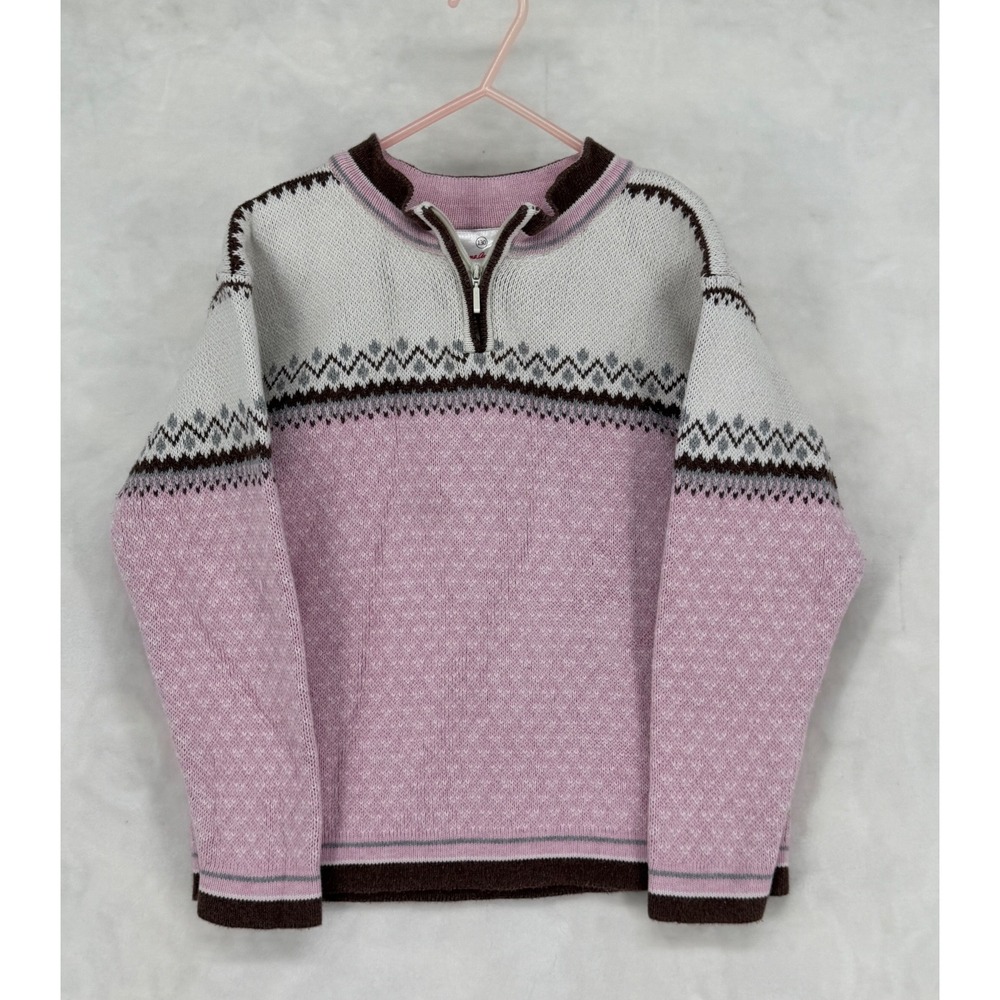 Hanna Andersson Kids Pink Fair Isle Combed Cotton Quarter Zip Sweater Size 130